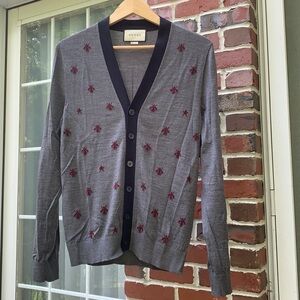 GUCCI Men's Dark Gray Bee Print Fine Wool Button Down Cardigan Sweater Size M